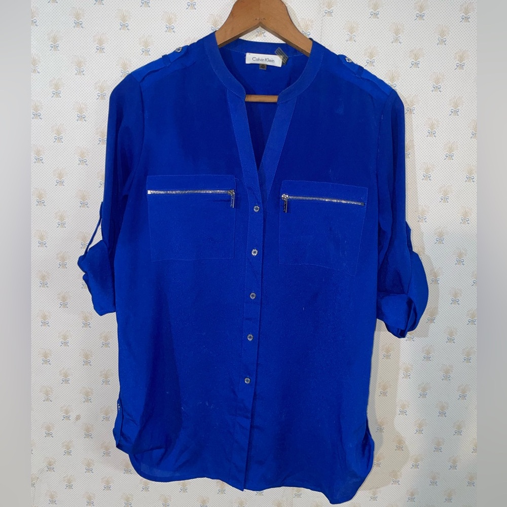 Calvin Klein Blue Button‎ Blouse Silver Hardware